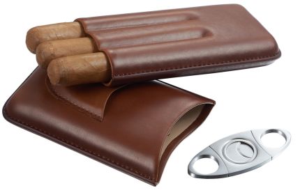 Visol Legendary Brown Genuine Leather Cigar Case with Cutter - VCASE475