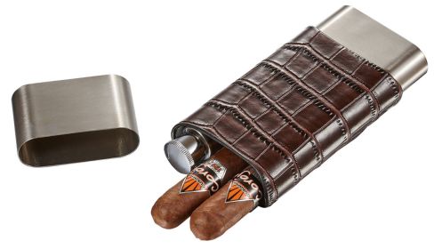 Visol Hacienda Crocodile Patterned Leather and Stainless Steel Cigar Case Flask Combo - VCASE723