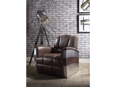 ACME Brancaster Accent Chair, Retro Brown Top Grain Leather & Aluminum 59716