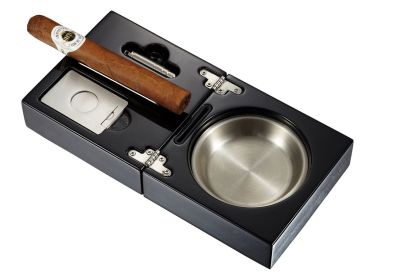 Visol Bremen Black Lacquer Folding Cigar Ashtray with Cutter and Punch - VASH712