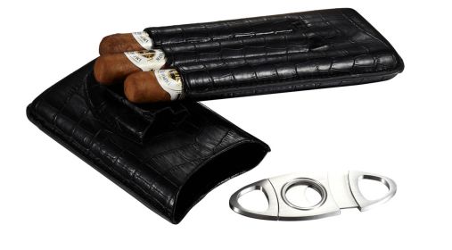 Visol Lincoln Black Leather 3 Finger Cigar Case With Cigar Cutter - VCASE512