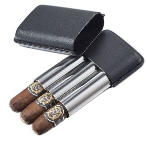 Visol Vincent Black Leather & Stainless Steel Cigar Case - VCASE745